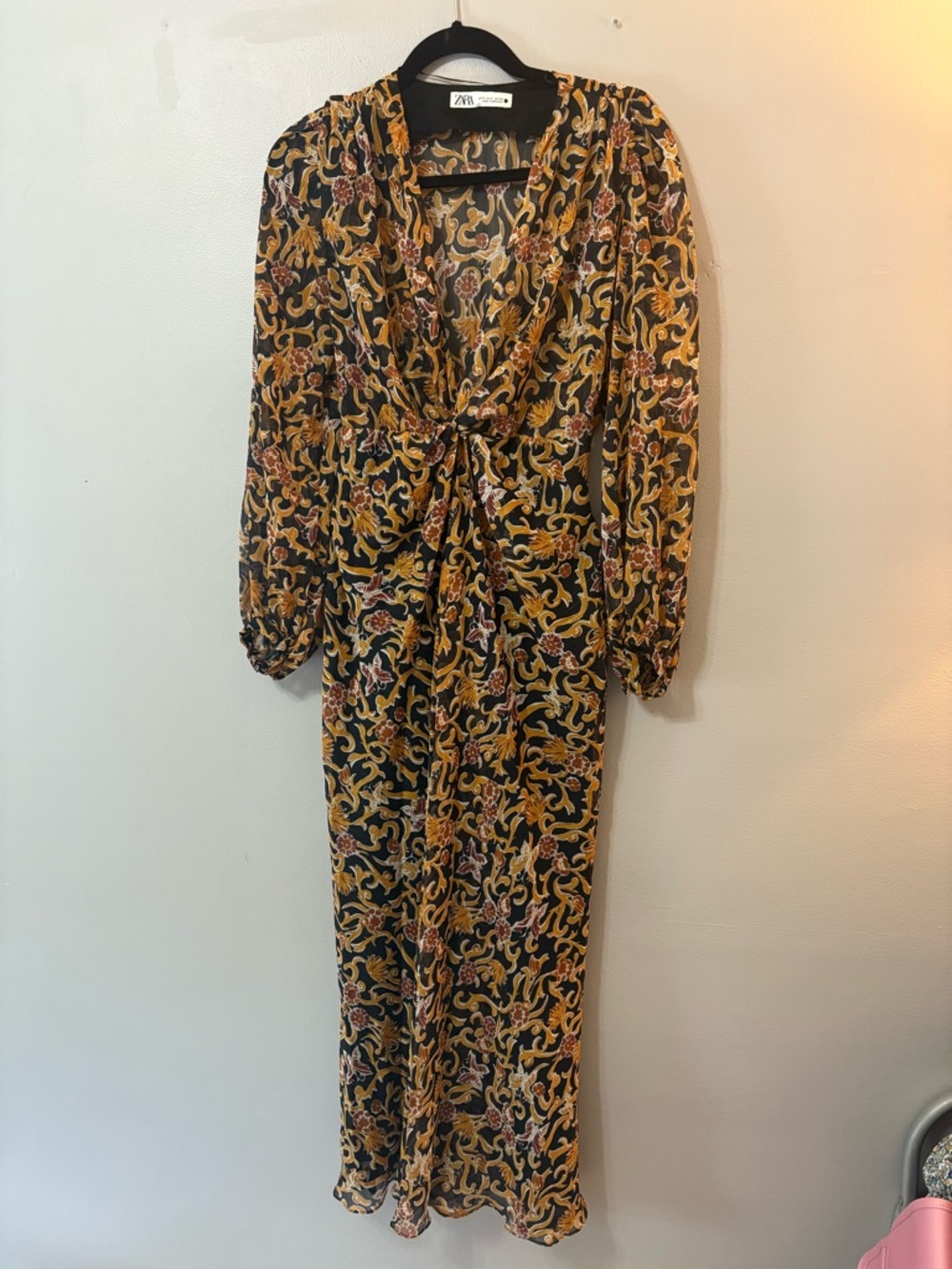 Zara Black Floral Paisley Tie-Front Maxi Dress